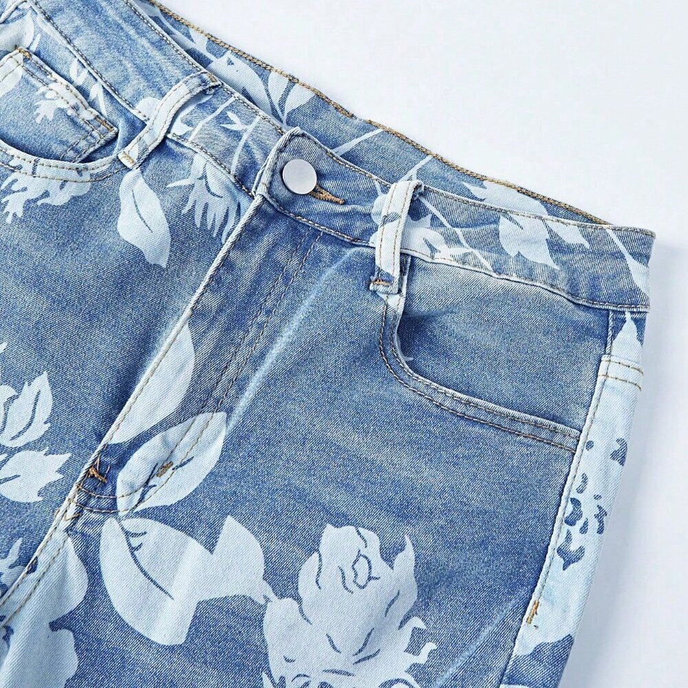 Light Wash Casual Women's Floral Printed Bootcut High Waisted Stretch Jeans - Picture 6 of 6